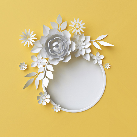 3 D レンダリング デジタル イラスト デジタル イラスト 背景が黄色 イースター畦畔 ウェディング カード クイリング 母の日 ラウンド フレーム ホワイト ペーパーの花空のバナー の写真素材 画像素材 Image