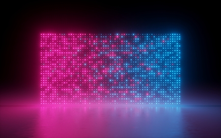 3d Render, Abstract Background, Glowing Dots, Screen Pixels, Neon Lights, Virtual Reality, Pink Blue Spectrum, Vibrant Colors, Fashion Podium, Laser Show, Isolated On Black, Floor Reflection