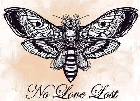 butterfly: Tử vong đầu diều hâu bướm tay rút ra hình bóng. Thiết kế hình xăm nghệ thuật. Elegant Isolated vector minh họa. Trendy tố Vintage. Tối lãng mạn, triết học, tâm linh, huyền bí, thuật giả kim, cái chết, phép thuật.