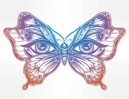 butterfly: Cánh bướm xinh đẹp với đôi mắt của con người trong phong cách retro retro xăm. Ảo, tâm linh, huyền bí, nghệ thuật xăm, sách màu. Hình nền vector đơn. In hợp thời. Cánh bướm