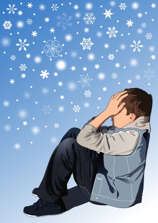 Sad kid under snowflakes Stock Photo
