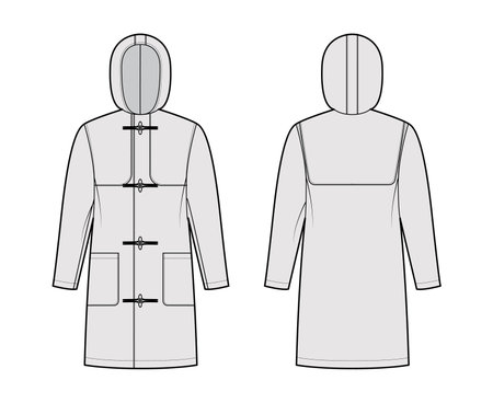 Duffle coat technical fashion illustration with hood, long sleeves, oversized, knee length, patch pockets, toggle. Flat jacket template front, back, grey color style. Women, men, unisex top CAD mockup Vector Illustration