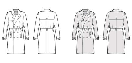 Trench coat technical fashion illustration with belt, double breasted, long sleeves, knee length, storm flap. Flat jacket template front, back, white, grey color style. Women, men, unisex CAD mockup