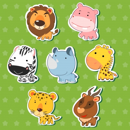 ライオン カバ シマウマ サイ キリン チーター カモシカとかわいい動物ステッカー のイラスト素材 ベクタ Image