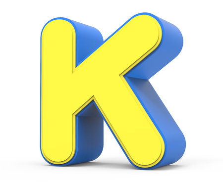 3 D レンダリングかわいい黄色文字分離 K ホワイト バック グラウンド ブルー フレームとデザイン 黄色の単語のおもちゃアルファベット左寄り の写真素材 画像素材 Image