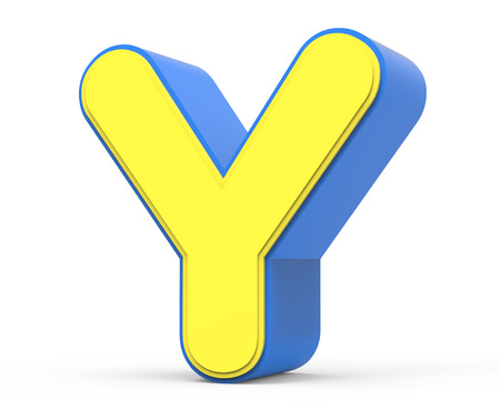 3 D レンダリングかわいい黄色文字 Y 絶縁された白い背景 デザインのおもちゃのアルファベット ブルー フレームと黄色の単語 の写真素材 画像素材 Image