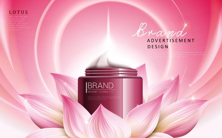 lotus essence cream ad contained in red cosmetic jar, pink background, 3d illustration