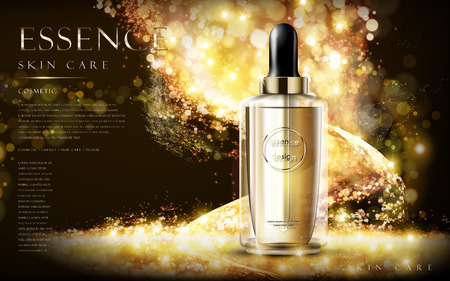 golden essence skin care contained in bottle, glitter background in 3d illustration Иллюстрация