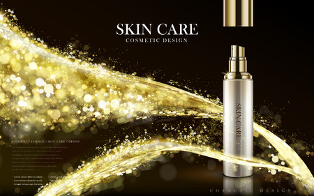 cosmetic skin care contained in white bottle in 3d illustration, with golden flow elements on black background Иллюстрация