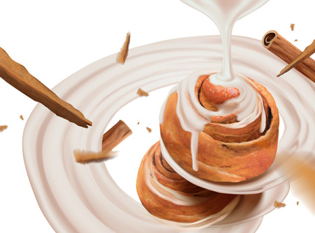 Cinnamon rolls with swirling condensed milk in 3d illustration