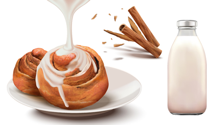 Cinnamon rolls with condensed milk and bottled milk in 3d illustration