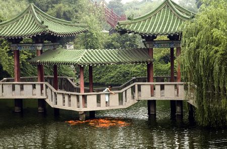 Chinese girl on a bridge feeding koi Reklamní fotografie