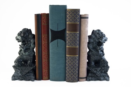 two carved marble lion bookends supporting a few books Reklamní fotografie
