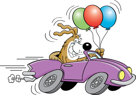 Cartoon illustration of a dog driving a sports car and holding balloons.