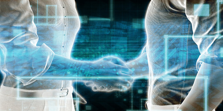 business technology industry with men shaking hands stock photo
