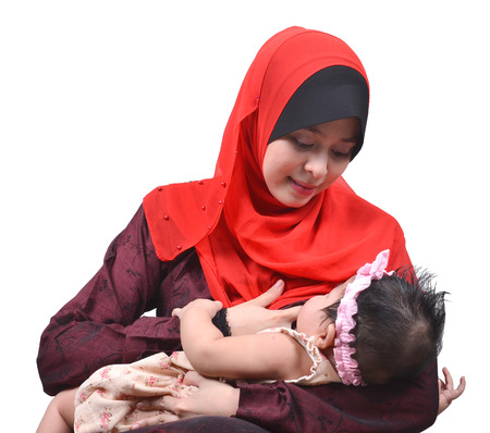 Young Asian muslim mother breastfeeding her cute baby girl isolated on white background - 28250241