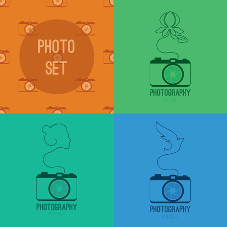 一連の写真花睡蓮 女顔 鳥とオレンジのシームレスな Pzttern カメラ ベクトル イラストのシルエットと青 緑のシンボル アイコンのイラスト素材 ベクタ Image