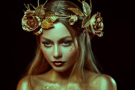 Fantasy portrait of woman with golden skin. girl goddess in wreath, gold roses, accessories. beautiful face, steel glitter makeup. artistic photo, black background. elf fairy princess. fashion model. Banco de Imagens