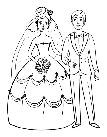 Mariee Et Le Marie Vue De Devant Personnage De Dessin Anime Drole Posant Ensemble Vector Illustration Isole Sur Fond Blanc Livre De Coloriage Noir Et Blanc Clip Art Libres De Droits