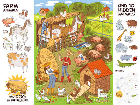 Farm life and farm animals. find all farm animals. find 10 hidden objects in the picture. puzzle hidden items. funny cartoon character. vector illustration. set