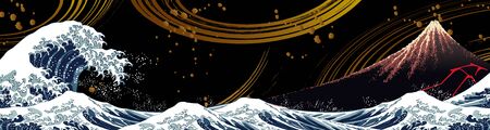 Japanese-style patterns, beautiful mountains and waves