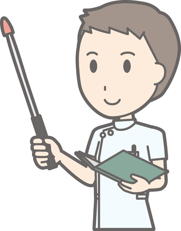 白いスーツを着た男性看護婦が指示棒で笑っているイラストのイラスト素材 ベクタ Image