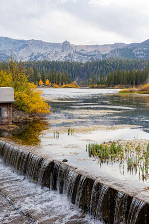 Overcast view of the fall color of twin lake of mammoth lake at california