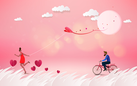 愛のために釣りをする紙のボートの男 愛のコンセプト ハッピーバレンタインデーの壁紙 ポスター カード シュールレアリズムベクトルイラスト のイラスト素材 ベクタ Image