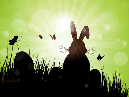 Sunset landscape vector: Silhouette of the Easter bunny sat in the grass Kho ảnh