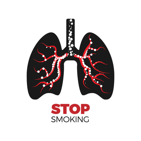喫煙の概念を停止します 損傷した気管支を持つ肺のシルエットのベクトルイラスト 丸い形の煙で満た 白い背景に隔離されています のイラスト素材 ベクタ Image