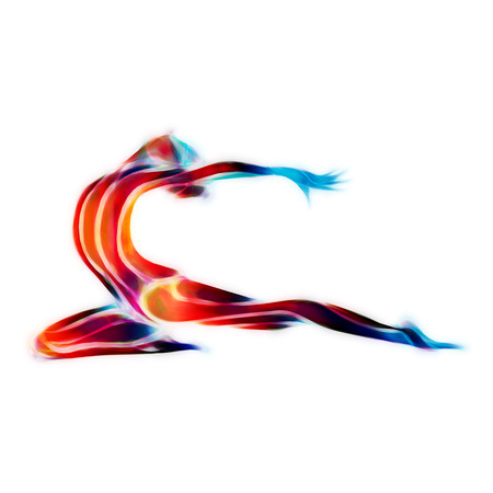 体操少女の創造的なシルエット トレンディな抽象的なカラフルなネオンで芸術体操の女性 イラストやバナー テンプレート波スタイルの黒の背景に の写真素材 画像素材 Image