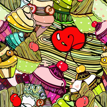 かわいいケーキとベクターのシームレス テクスチャ 包装 カップ 袋 壁紙 織物印刷用テンプレートを使用できます のイラスト素材 ベクタ Image
