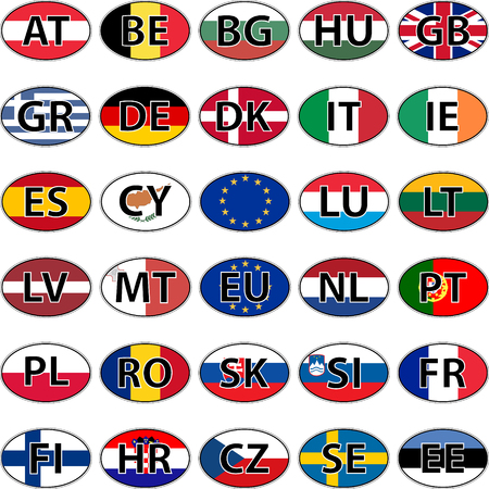 国 Eu ドメイン 印刷用のベクトル イラストレーションまたはウェブサイトのデザイン およびサイトの言語ボタンの Iso コードと欧州連合の国のフラグを楕円形のステッカーのイラスト素材 ベクタ Image