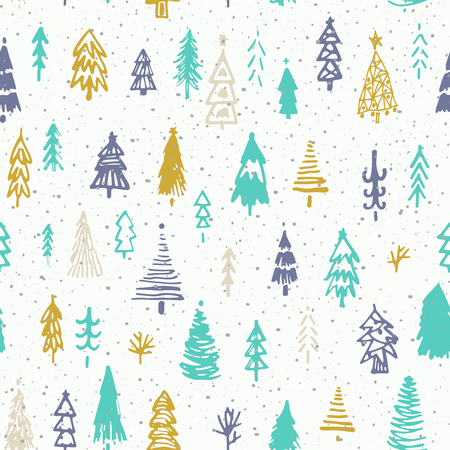 Seamless christmas background with cute christmas trees and falling snow. Holiday decoration isolated elements. Vector illustration. Use for Greeting Scrapbooking, Congratulations, Invitations. - 72751752