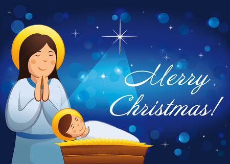 Merry christmas a happy new year religious greetings celebrating and congratulating mother mary baby jesus sleeps in the manger