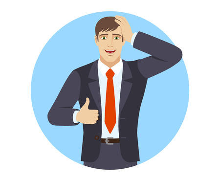 Businessman showing thumb up and grabbed his head. Portrait of businessman in a flat style. Vector illustration. Иллюстрация