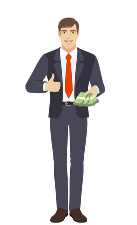 Businessman with cash mone showing thumb up. Full length portrait of businessman character in a flat style. Vector illustration.