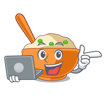 With laptop mashed potatoes served in character bowls vector illustration