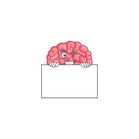 Sneaky brain cartoon character style hiding behind a board. vector illustration