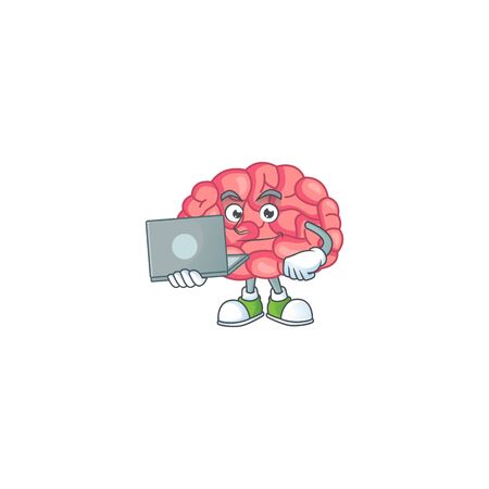 Diligent brain mascot design style working from home with laptop. vector illustration Vector Illustration