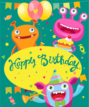 Monster Party Invitation Card Design. Vector Cartoon Illustration. Funny Birthday Greeting Card, Invitation, Poster, Background Vector Template. Vector Illustration
