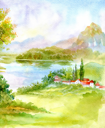 琵琶湖湖畔、風景水彩画。””かたらい””