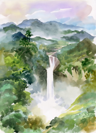 美しい滝と山々 の水彩イラスト の写真素材 画像素材 Image