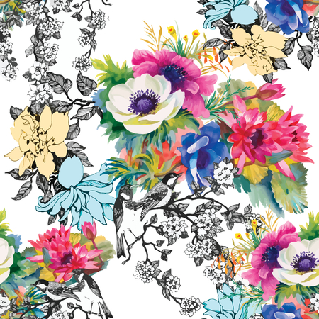 Seamless pattern watercolor flowers, paper, textile, fabric, wrapper, wallpaper,vector Иллюстрация