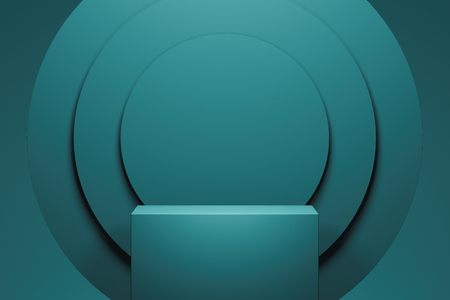 Showcase with empty space pedestal on blue circle background. 3d rendering. Stock Photo