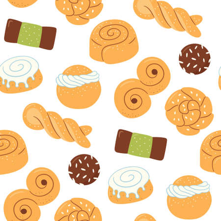 Seamless pattern with traditional swedish sweets. kanelbulle bun, cinnamon roll, semla, lussekatt, dammsugare and chokladboll. hand drawn vector illustration on white background
