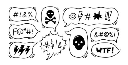 Comic speech bubble with swear words symbols. hand drawn speech bubble with curses, lightning, skull, bomb and bones. vector illustration isolated in doodle style on white background.