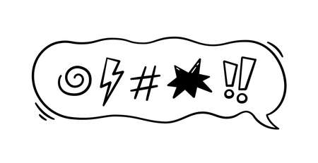Comic speech bubble with swear words symbols. hand drawn speech bubble with curse, lightning, bomb. vector illustration isolated in doodle style on white background. Фото со стока