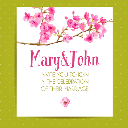 wedding invitation layout with sakura flowers vector template