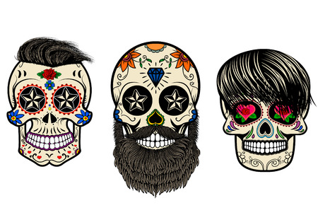 three sugar skulls with hair and beards the day of the dead